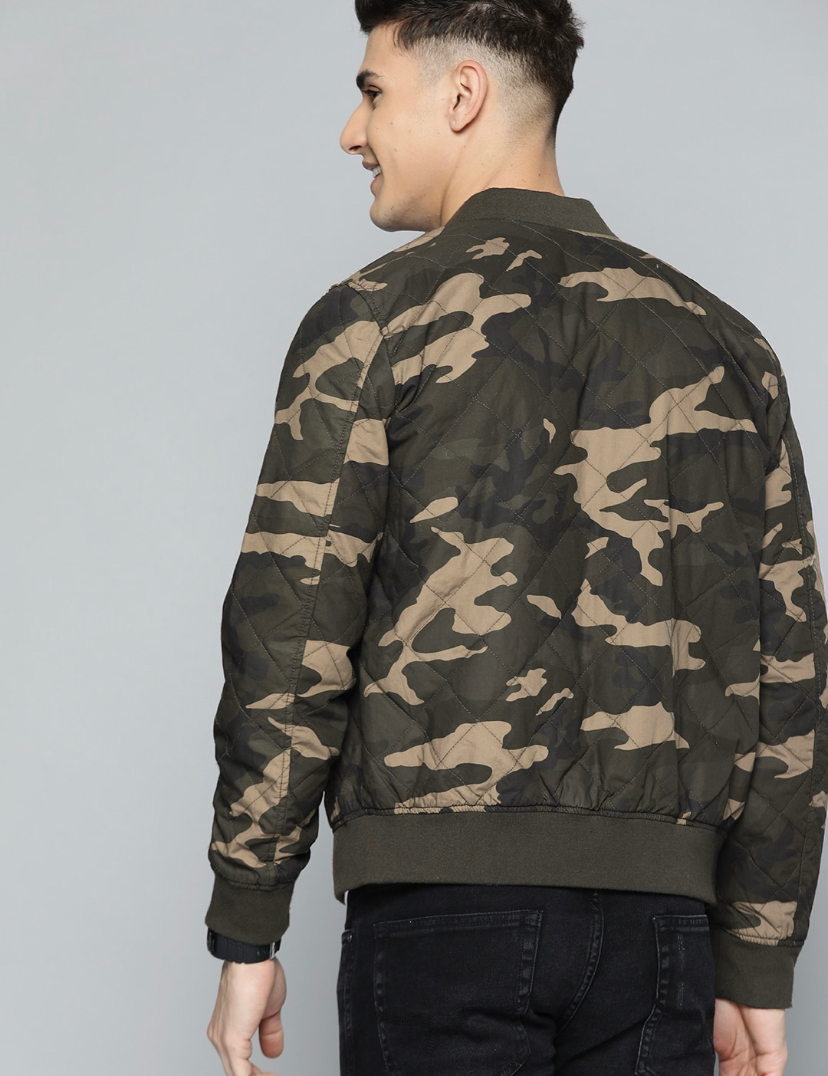 Men Olive Green Beige Camouflage Printed Quilted Jacket-A21570000