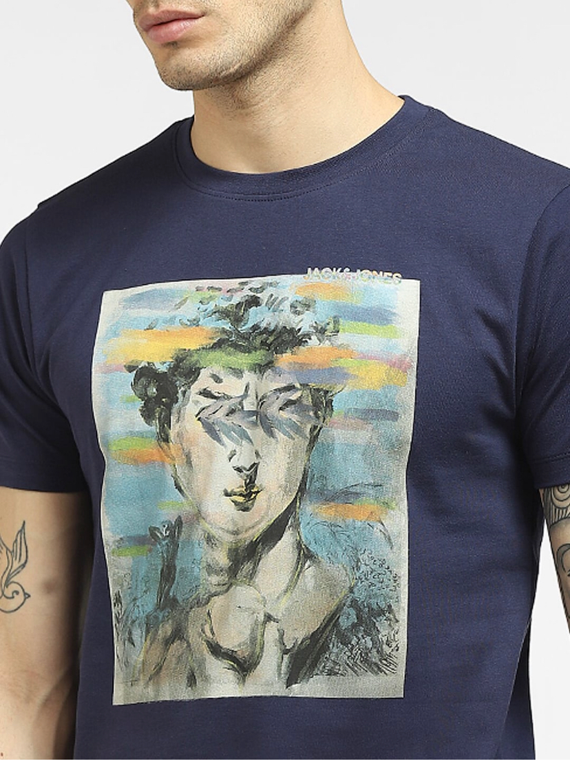 Men Navy Blue & Sea Green Printed T-shirt-1665963003