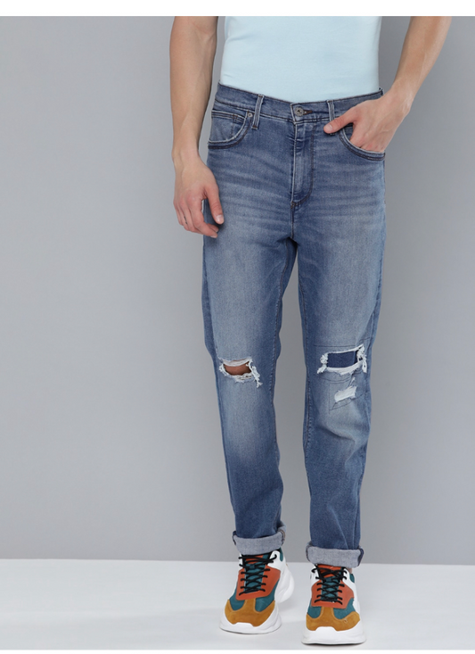 Men Blue Slim Fit High-Rise Mildly Distressed Light Fade Stretchable Jeans-A2497-0004