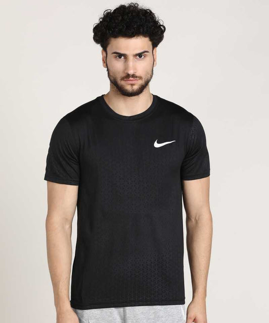 Geometric Print Men Round Neck Black T-Shirt