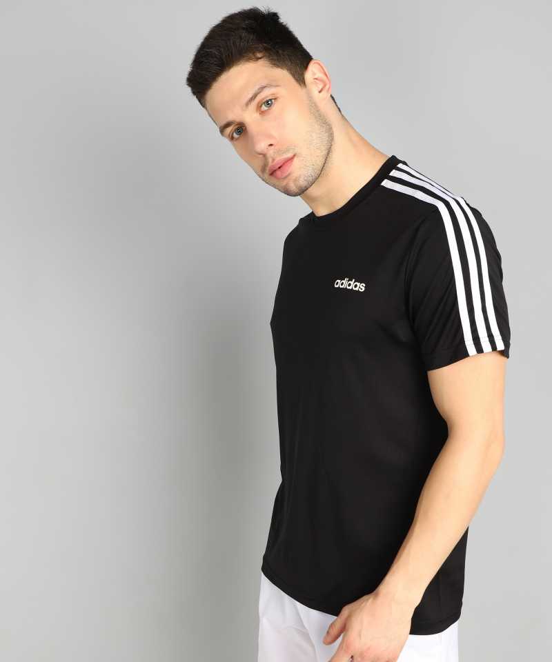 Striped Men Round Neck Black T-Shirt(polyster)-He3758