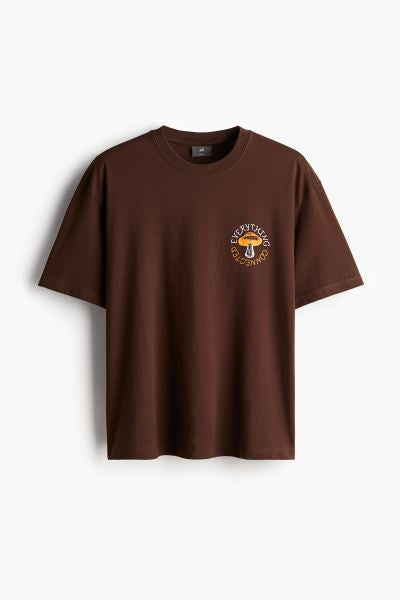 Loose Fit Printed T-shirt -Brown/Mushrooms -1032522124