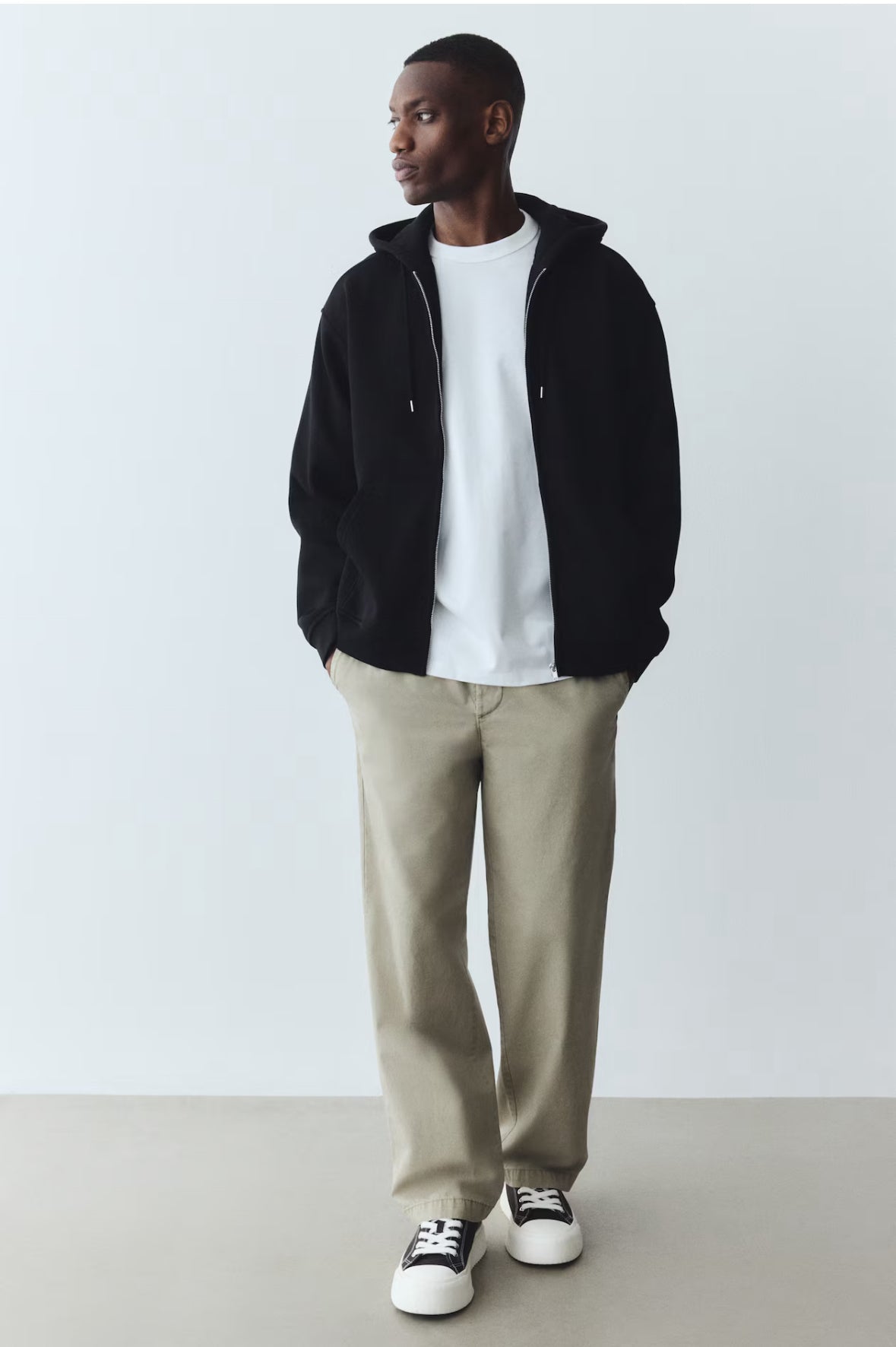Loose Fit Zip-Through Hoodie-Black-1308010007