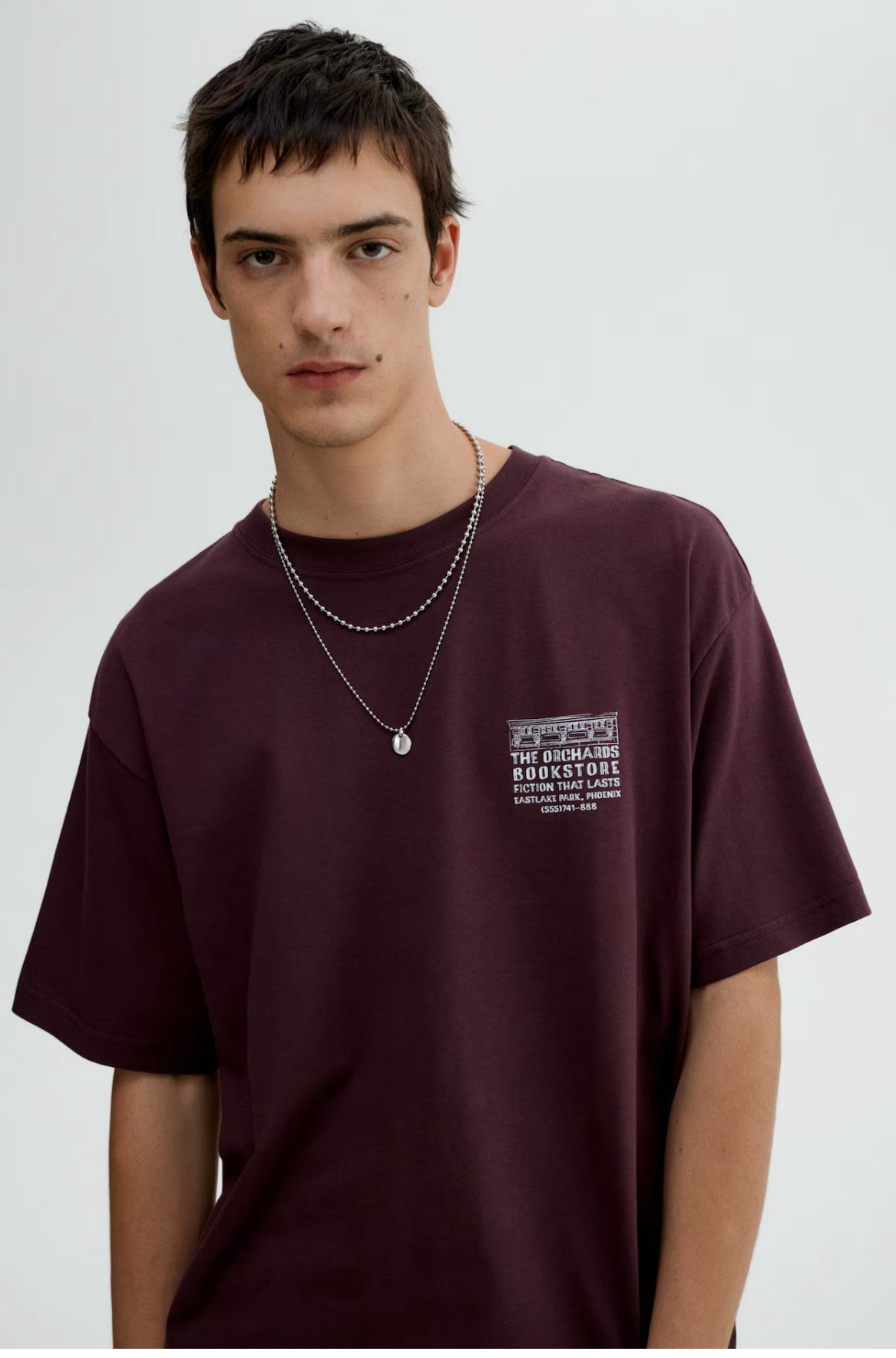 LOOSE FIT PRINTED T-SHIRT -Plum purple/Orchards bookstore -0967955155