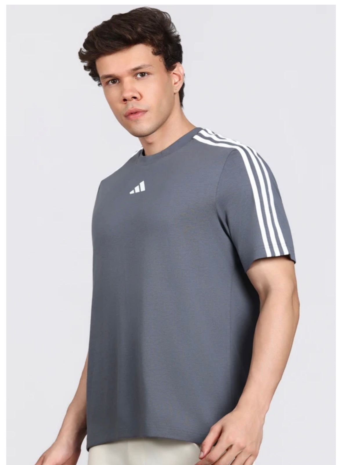 Adidas Striped Screw Neck Pure Cotton dark Grey T-Shirt-Kg9441