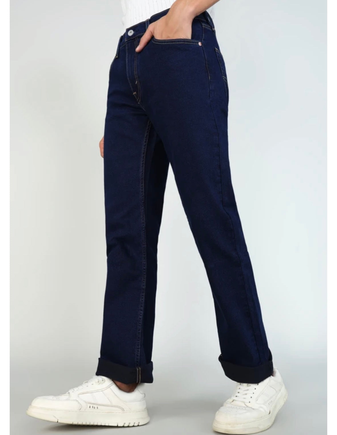 Men Boot-Leg Mid Rise Dark Blue Jeans-0064w-0044