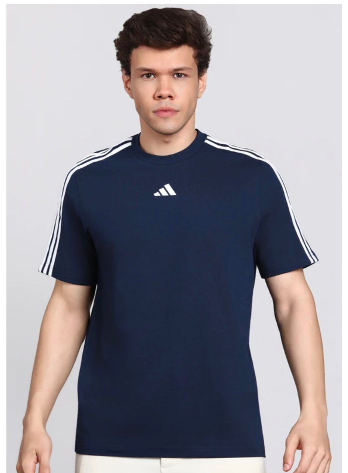 Adidas Striped Screw Neck Pure Cotton Dark Blue T-Shirt-Kg9443
