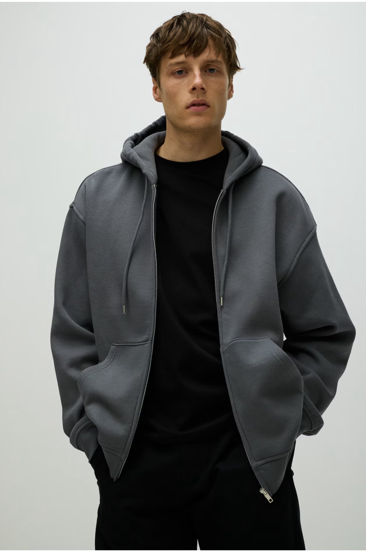 Loose Fit Zip-Through Hoodie-Dark grey- 1308010001