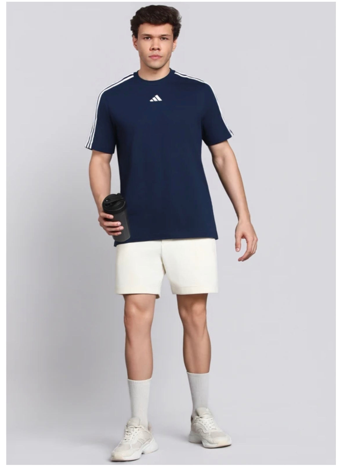Adidas Striped Screw Neck Pure Cotton Dark Blue T-Shirt-Kg9443