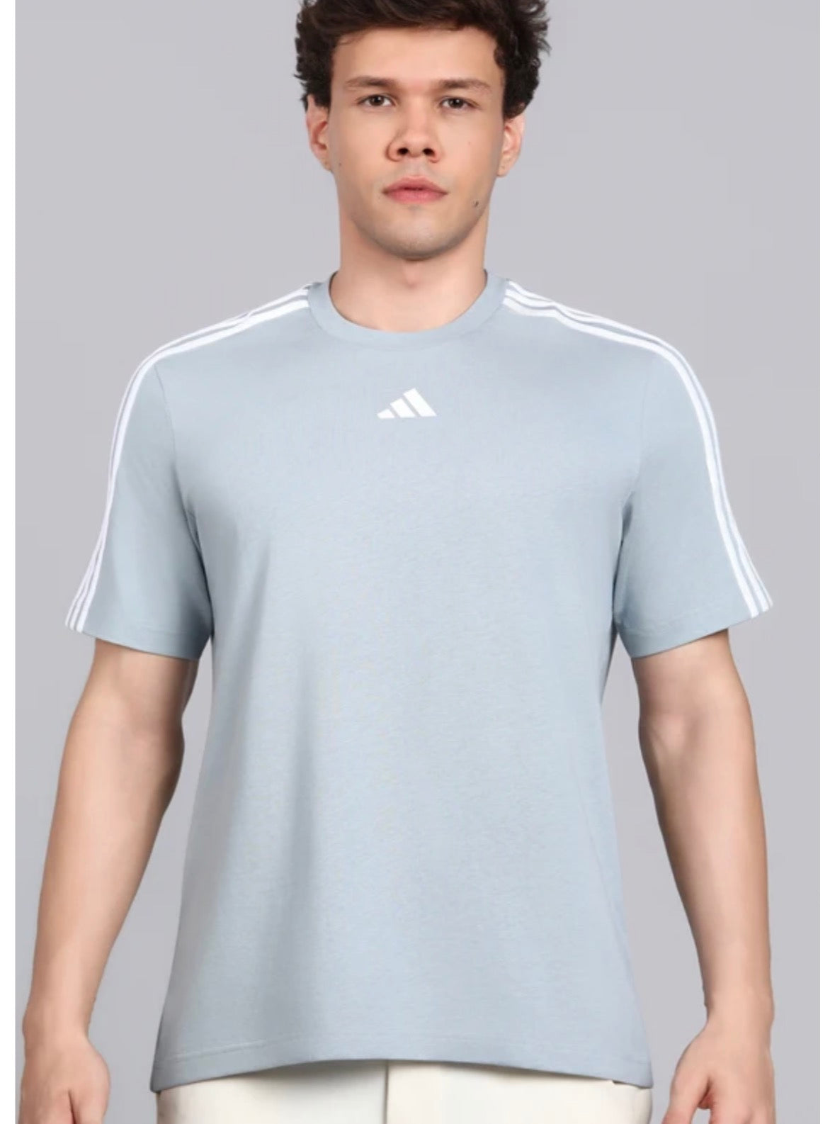 Adidas Striped Screw Neck Pure Cotton Grey T-Shirt-Kg9439