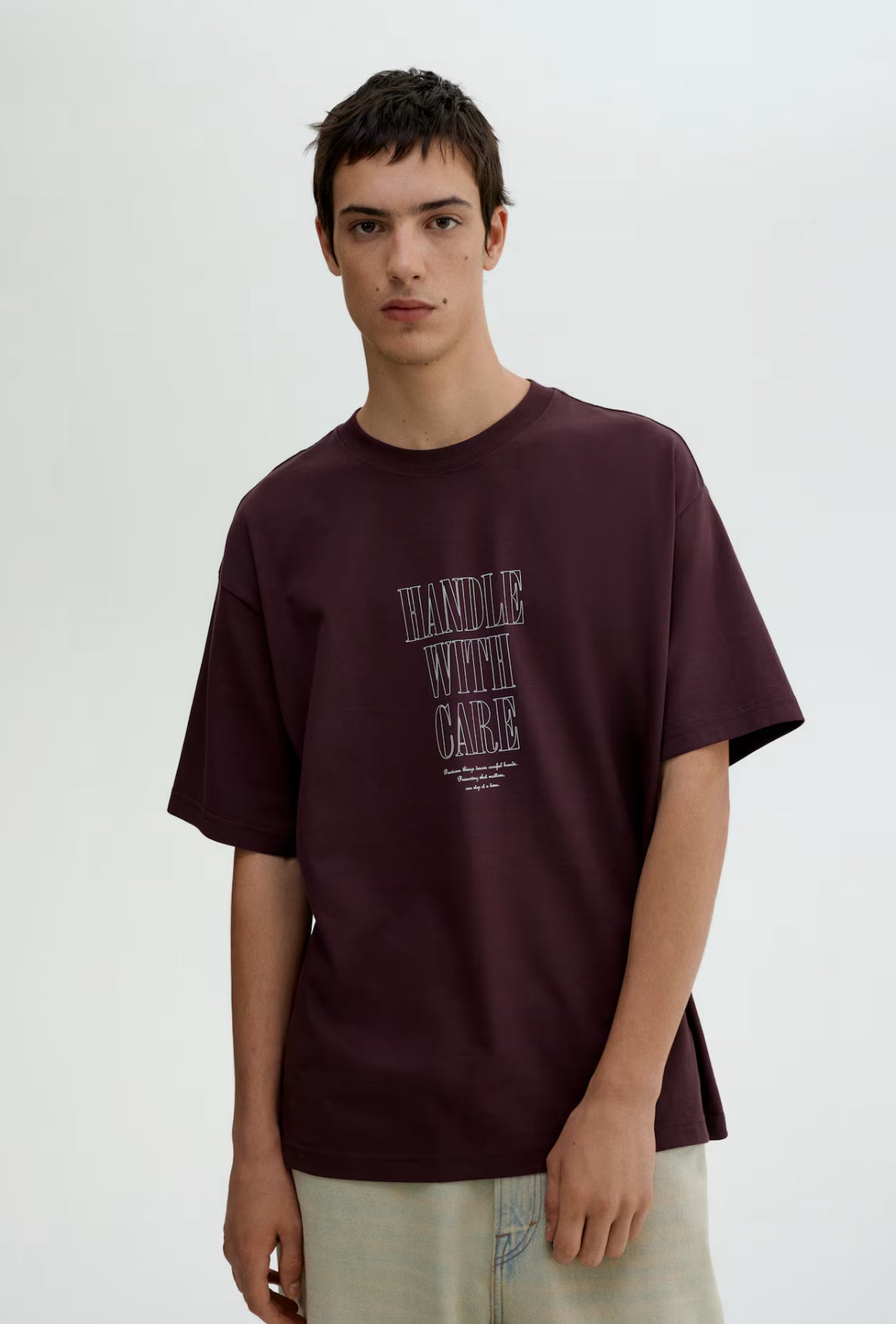 LOOSE FIT PRINTED T-SHIRT -Plum/Handle With Care -0967955145
