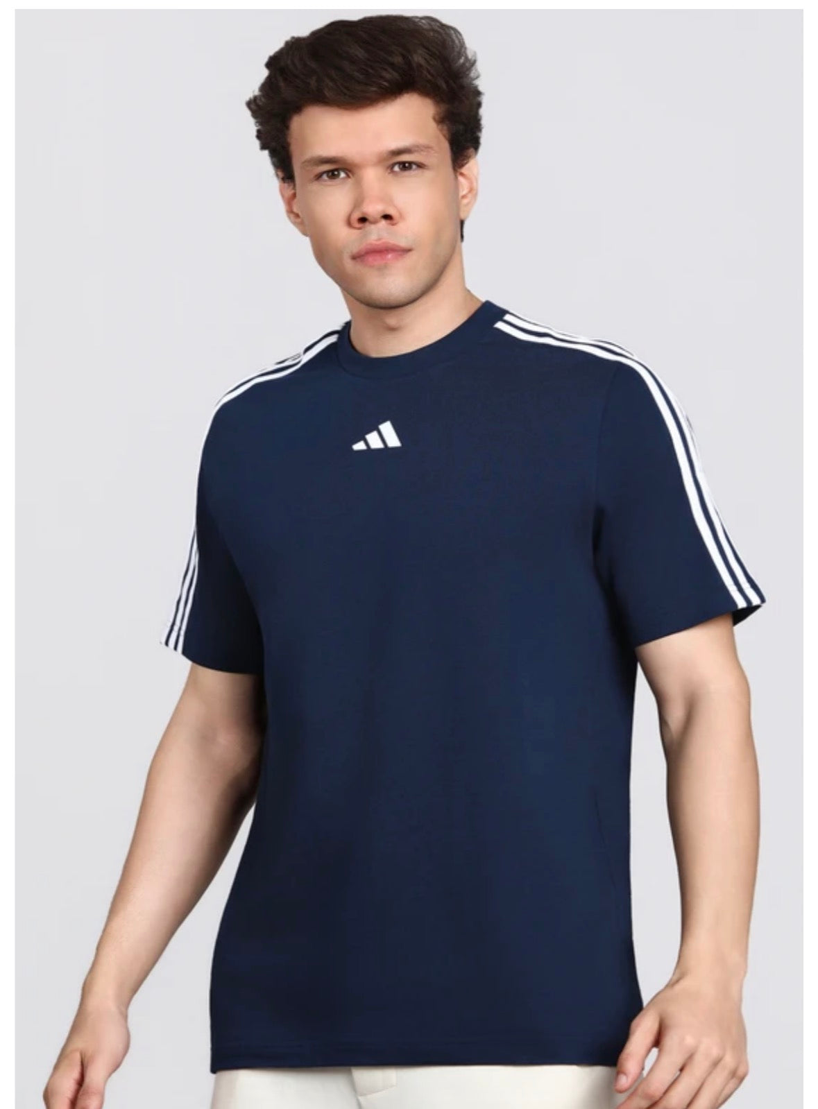 Adidas Striped Screw Neck Pure Cotton Dark Blue T-Shirt-Kg9443