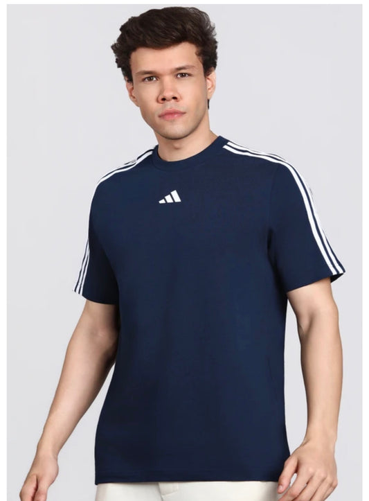 Adidas Striped Screw Neck Pure Cotton Dark Blue T-Shirt-Kg9443
