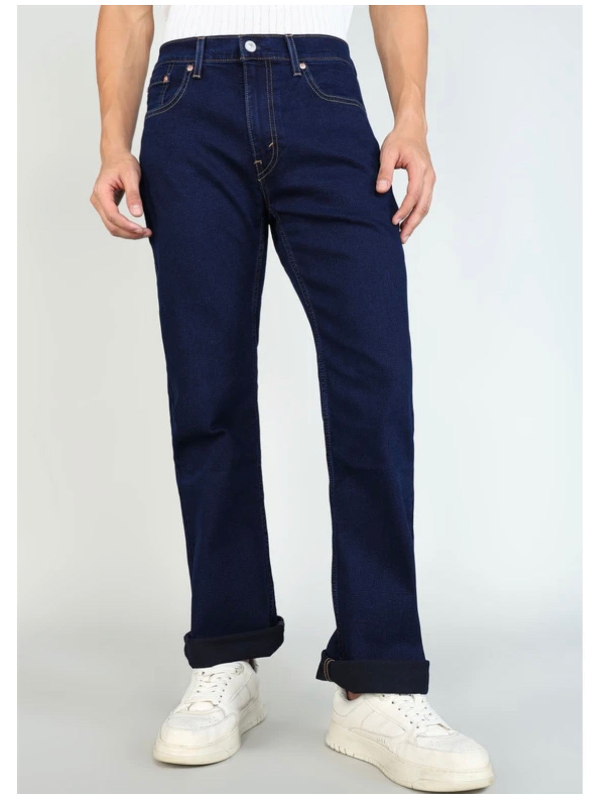 Men Boot-Leg Mid Rise Dark Blue Jeans-0064w-0044