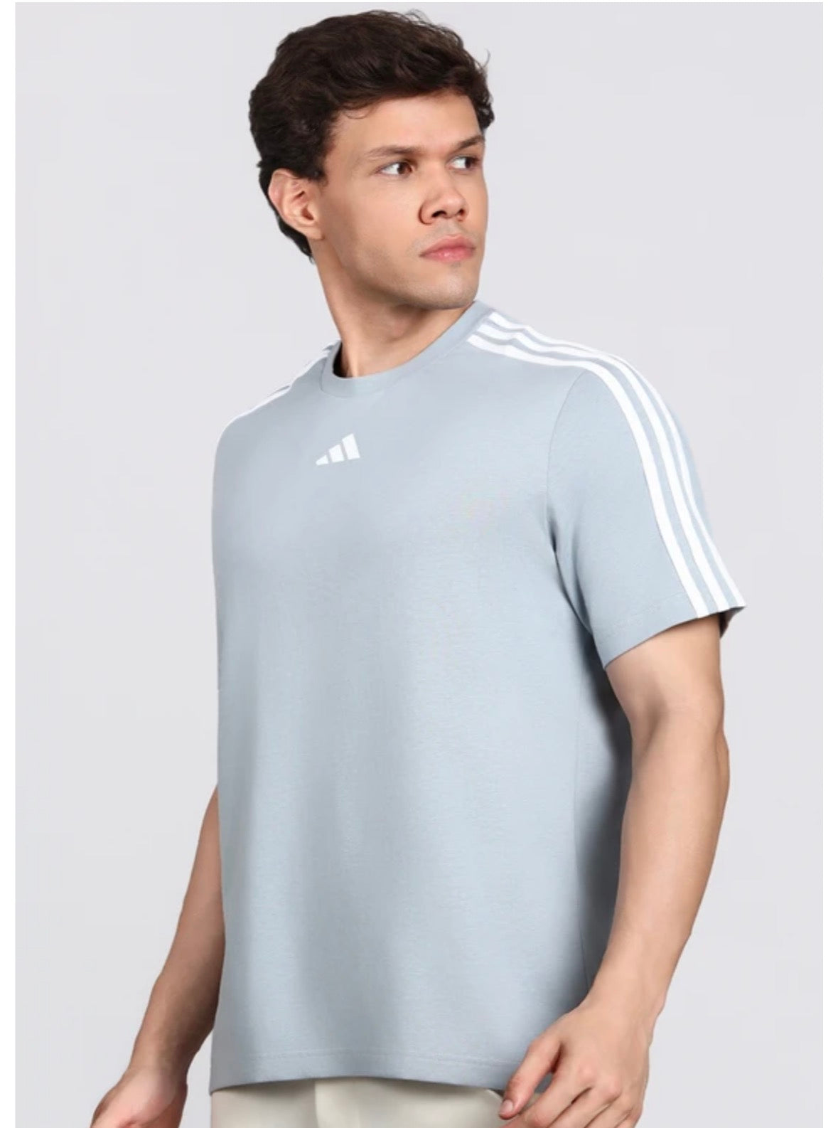 Adidas Striped Screw Neck Pure Cotton Grey T-Shirt-Kg9439
