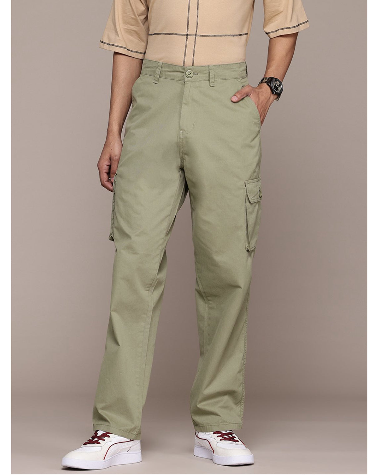 The Lifestyle Co. Men Mid-Rise Pure Cotton straight  Fit Cargos-Khaki-30195780
