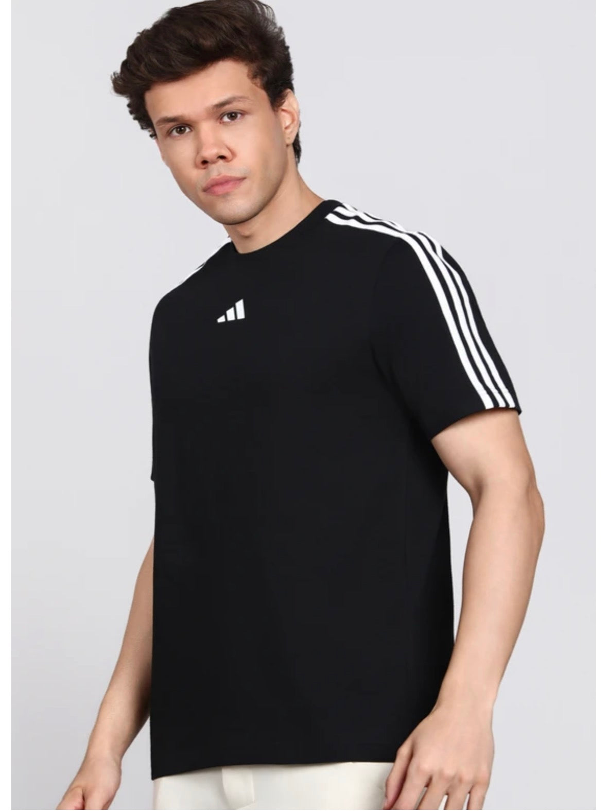 Adidas Men Striped Crew Neck Pure Cotton Black T-Shirts-kg9440