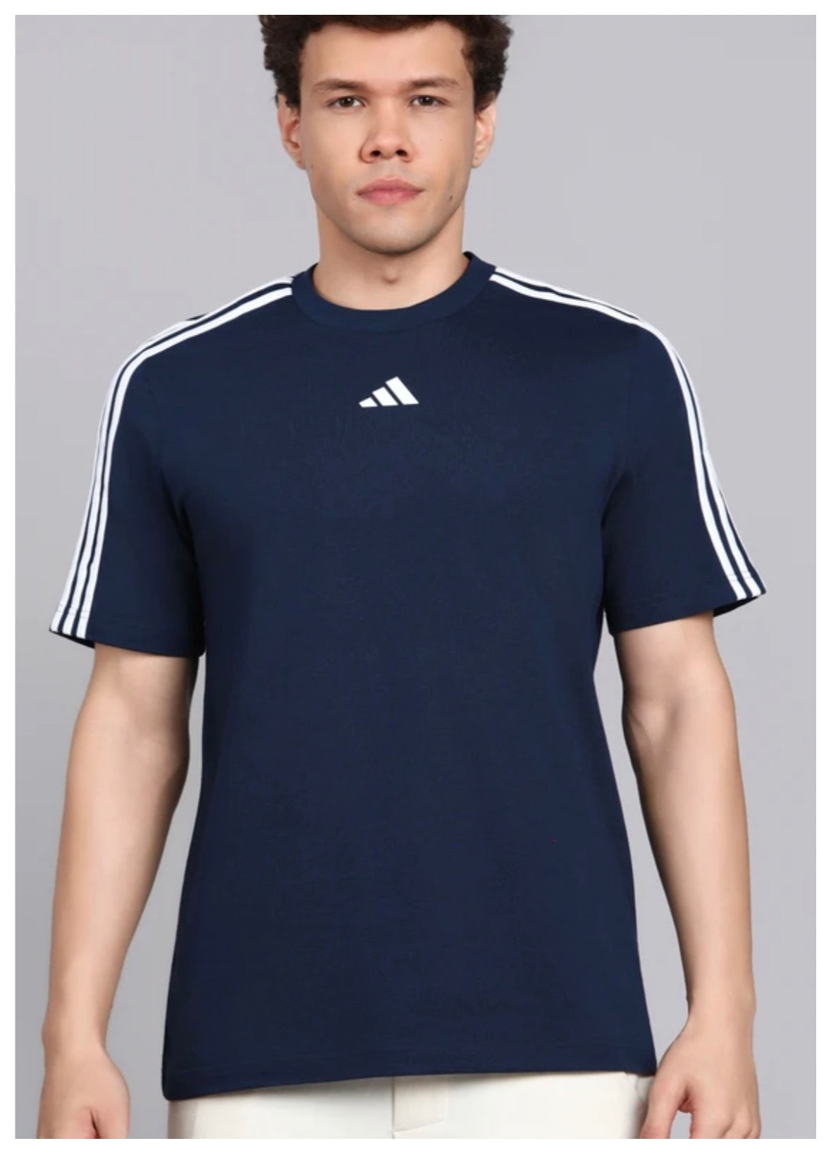 Adidas Striped Screw Neck Pure Cotton Dark Blue T-Shirt-Kg9443