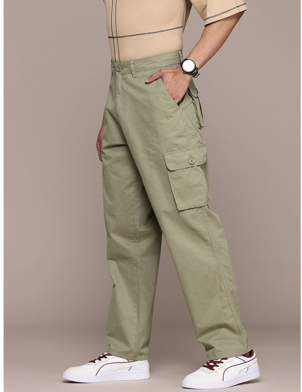 The Lifestyle Co. Men Mid-Rise Pure Cotton straight  Fit Cargos-Khaki-30195780