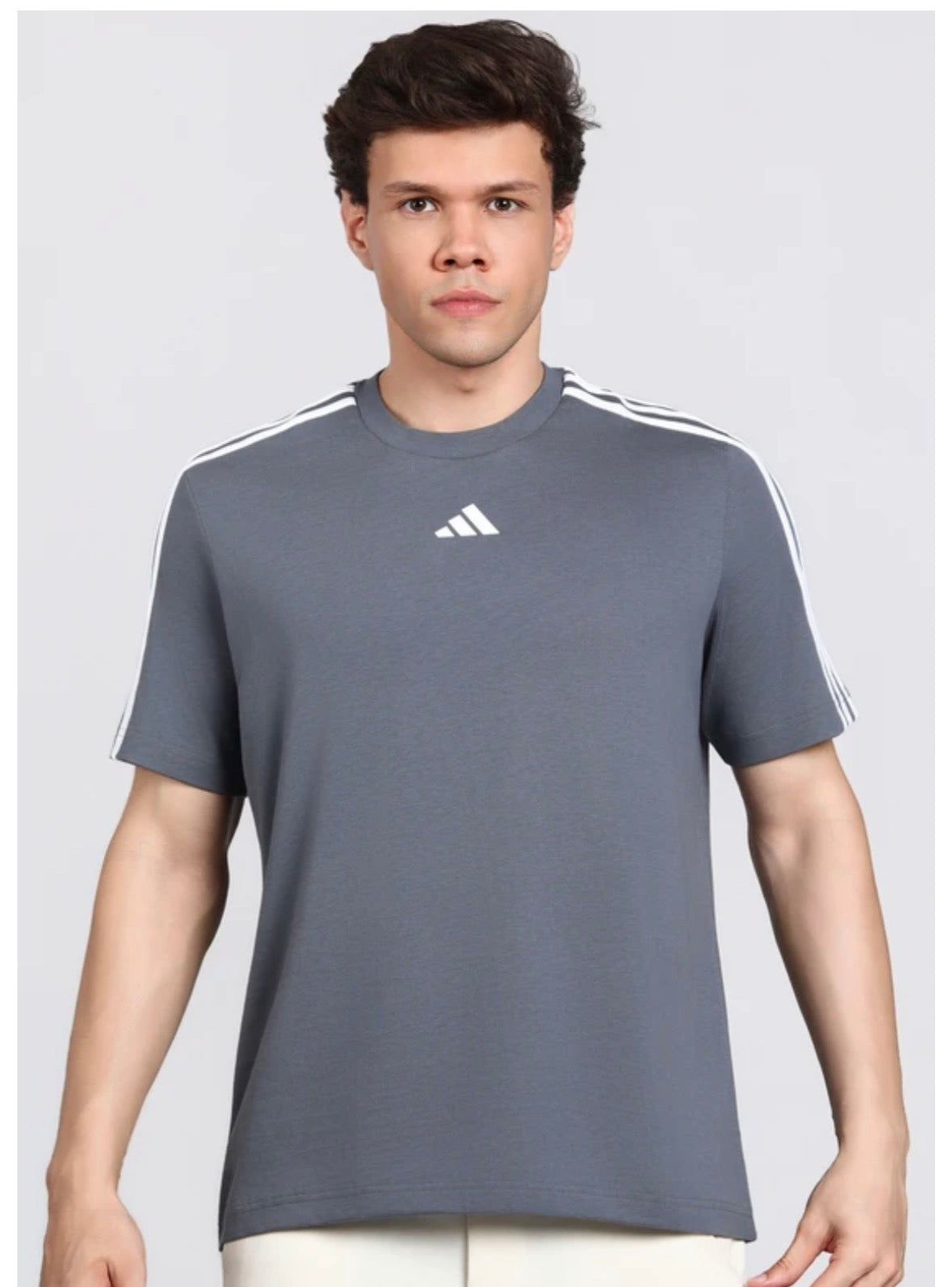 Adidas Striped Screw Neck Pure Cotton dark Grey T-Shirt-Kg9441
