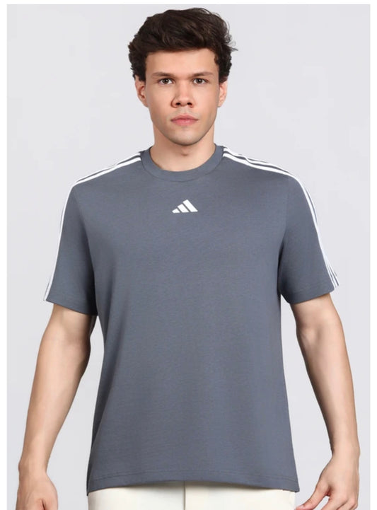 Adidas Striped Screw Neck Pure Cotton dark Grey T-Shirt-Kg9441