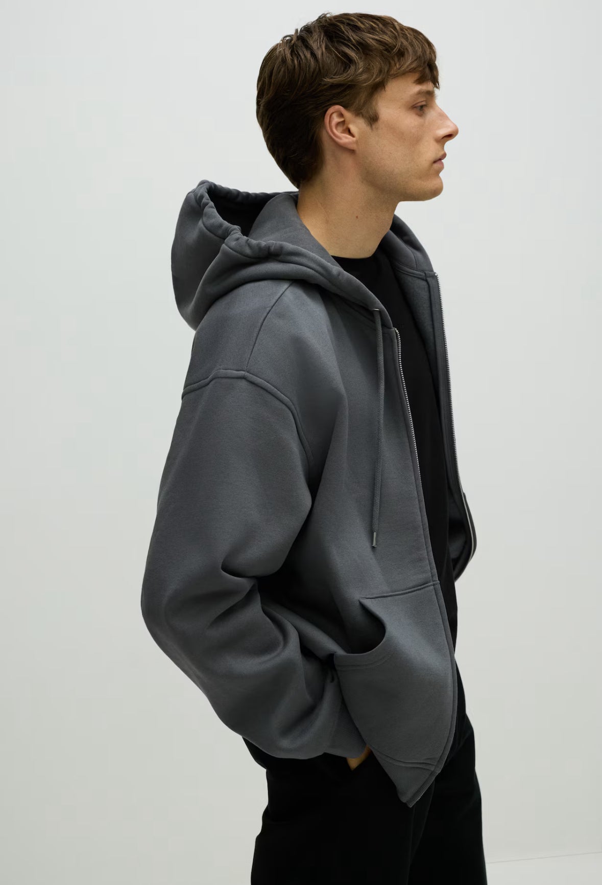 Loose Fit Zip-Through Hoodie-Dark grey- 1308010001