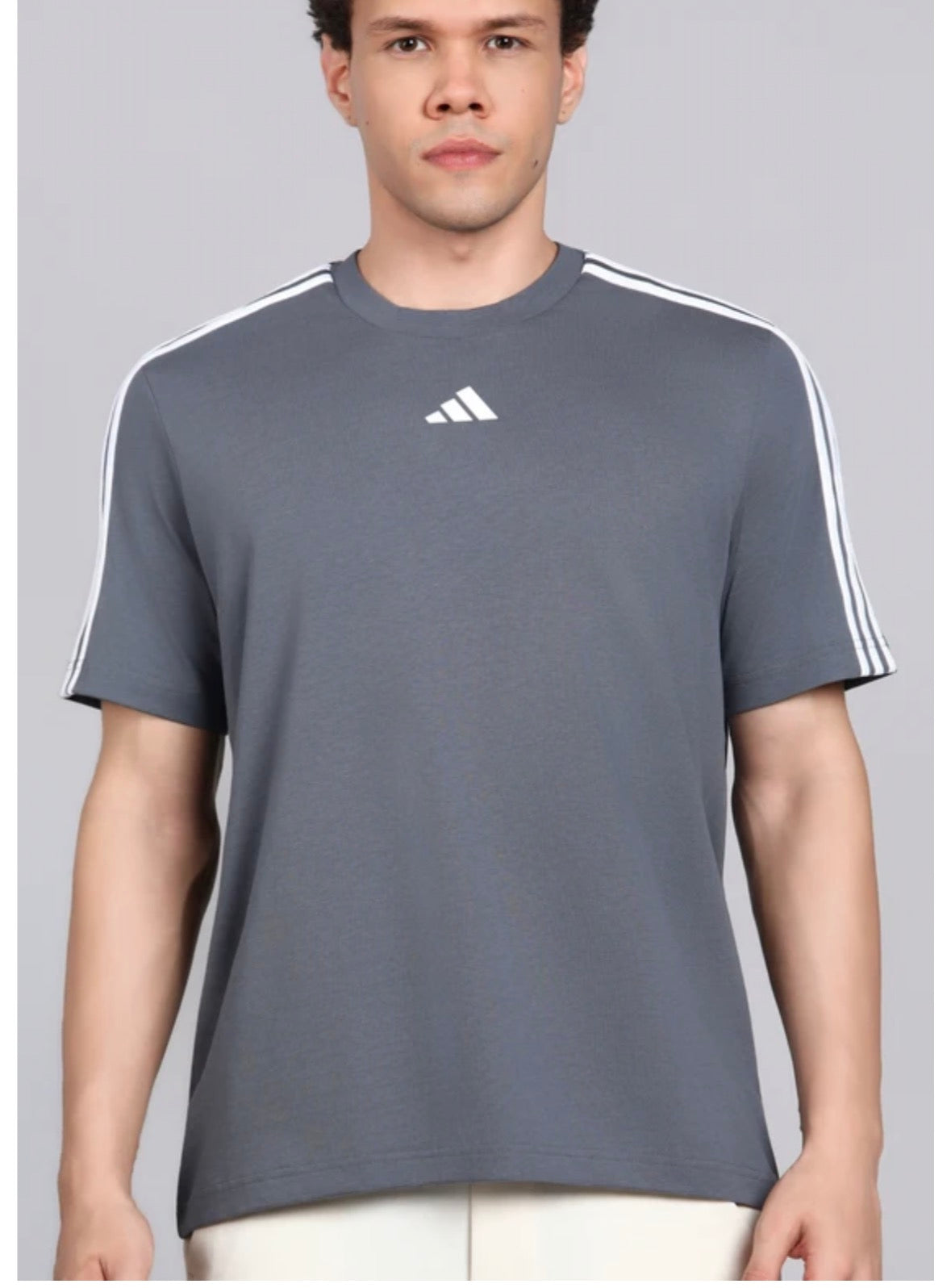 Adidas Striped Screw Neck Pure Cotton dark Grey T-Shirt-Kg9441