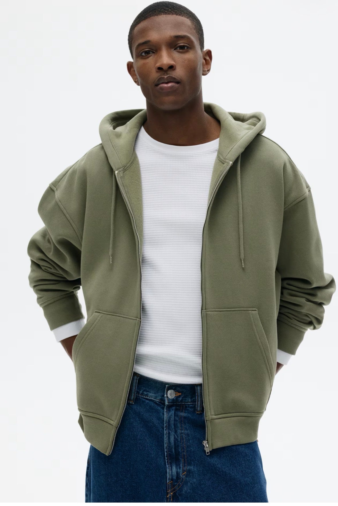 LOOSE FIT ZIP-THROUGH HOODIE -Khaki green -1308010016