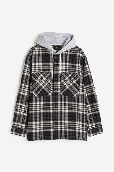 Relaxed Fit Hooded overshirt Dark grey/Checked -1194342001