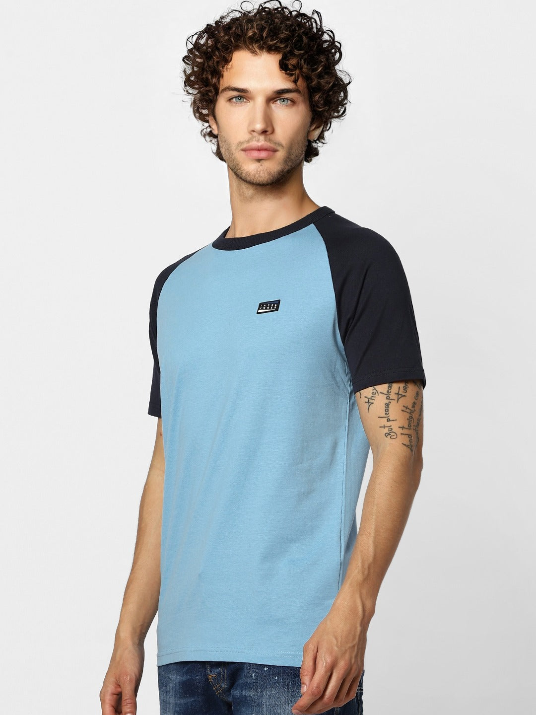 Jack Jones Men Blue Solid Slim Fit Round Neck Sustainable Pure Cotton T-shirt-2114988002