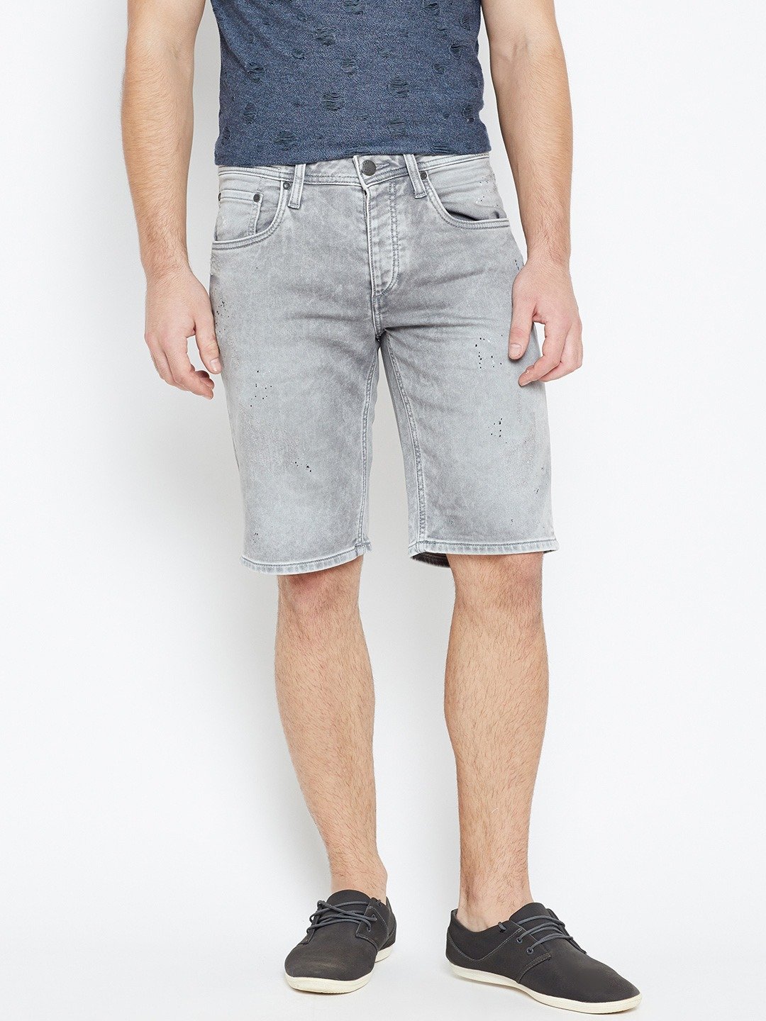 Men Grey Washed Regular Fit Denim Shorts-1964530003 - Discount Store