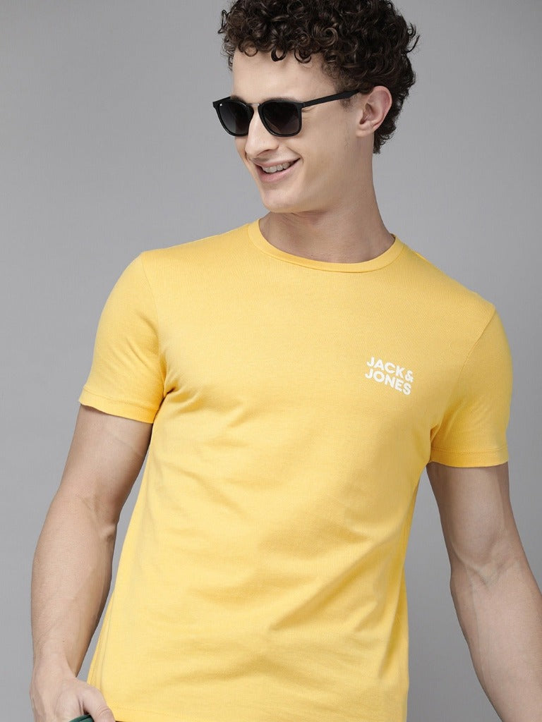 Men Yellow Typography Printed Slim Fit Pure Cotton T-shirt-2502891003