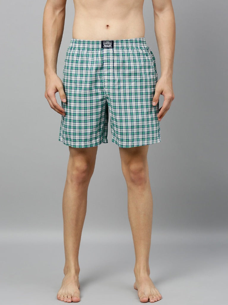 Men Navy Green & White Checked Boxers STYLE-024A MARSHMALLOW/ISLAND GREEN-300 ls-024