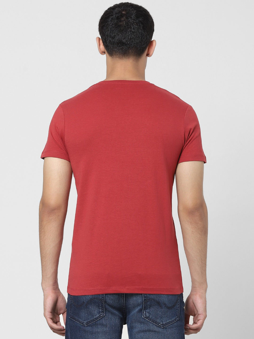 Men Rust Red Pure Cotton Solid Round Neck T-shirt with Printed Detail-2422203019