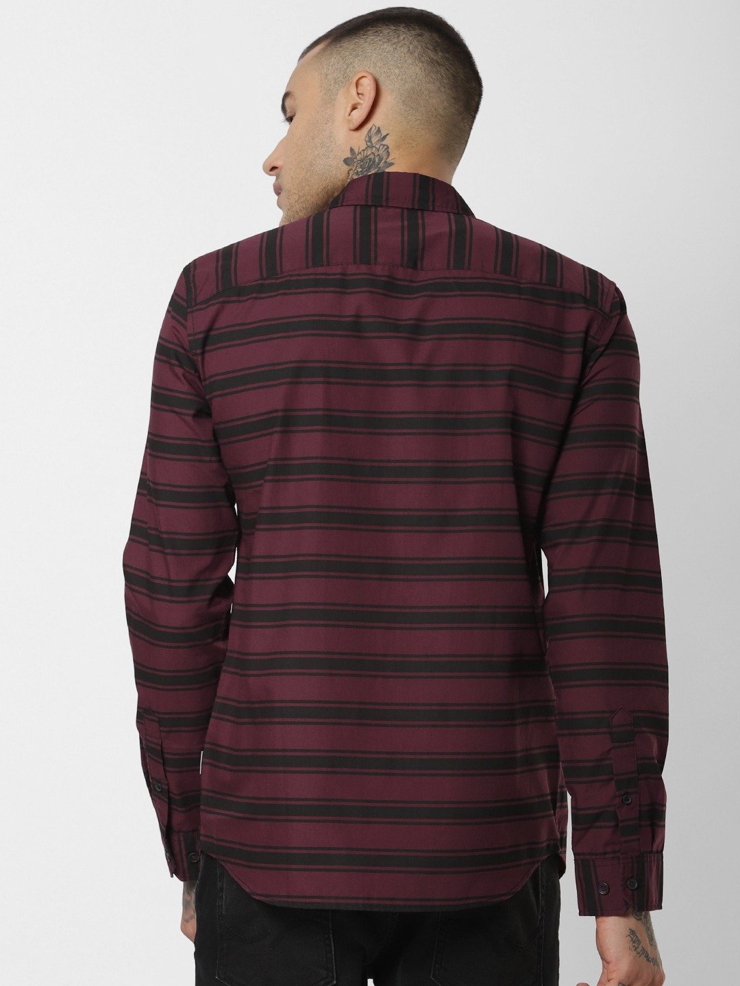 Men Burgundy & Black Regular Fit Striped Casual Shirt-2081411003 - Discount Store