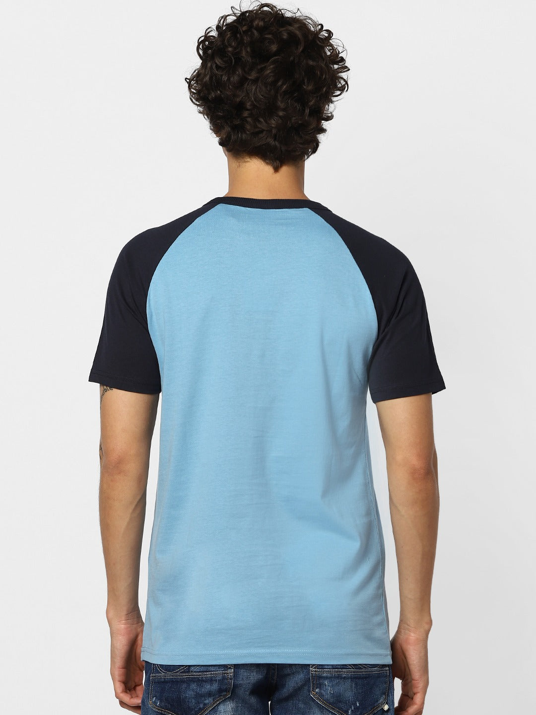Jack Jones Men Blue Solid Slim Fit Round Neck Sustainable Pure Cotton T-shirt-2114988002
