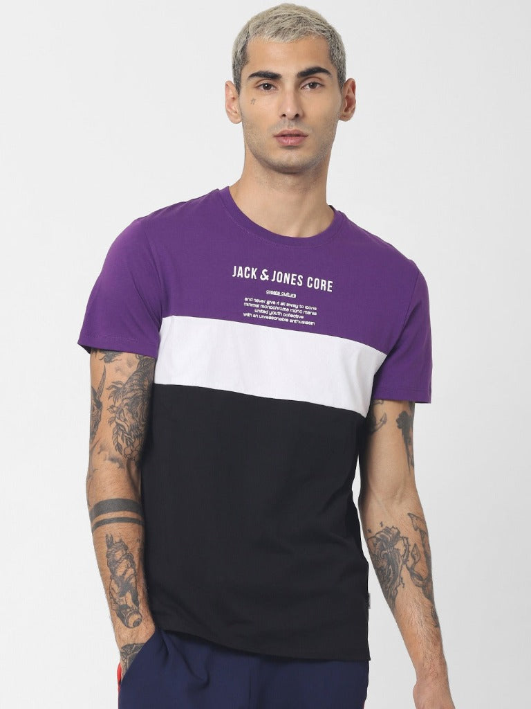 Men Purple & Black Colourblocked Round Neck T-shirt-2107448003