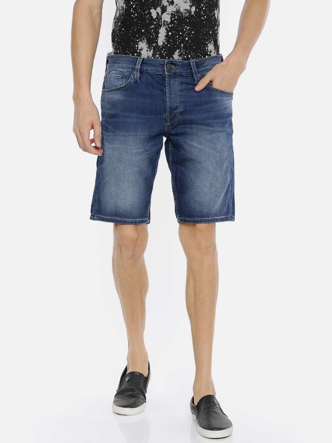 Men Blue Slim Fit Solid Regular Fit Denim Shorts-2059002002 - Discount Store