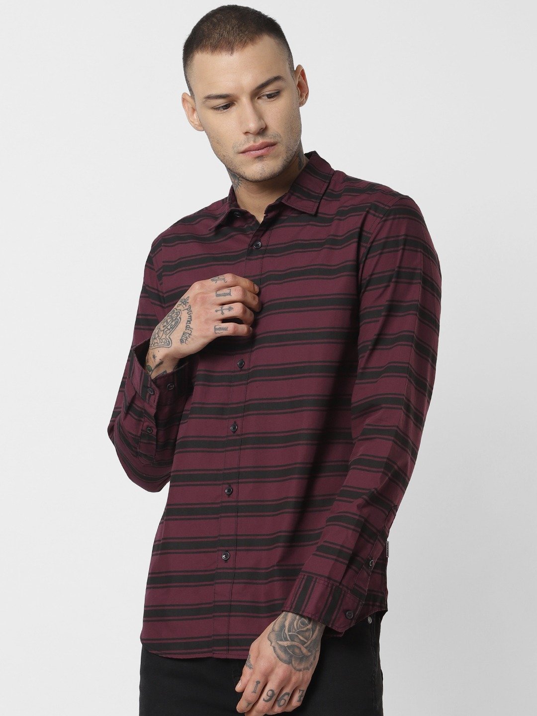 Men Burgundy & Black Regular Fit Striped Casual Shirt-2081411003 - Discount Store