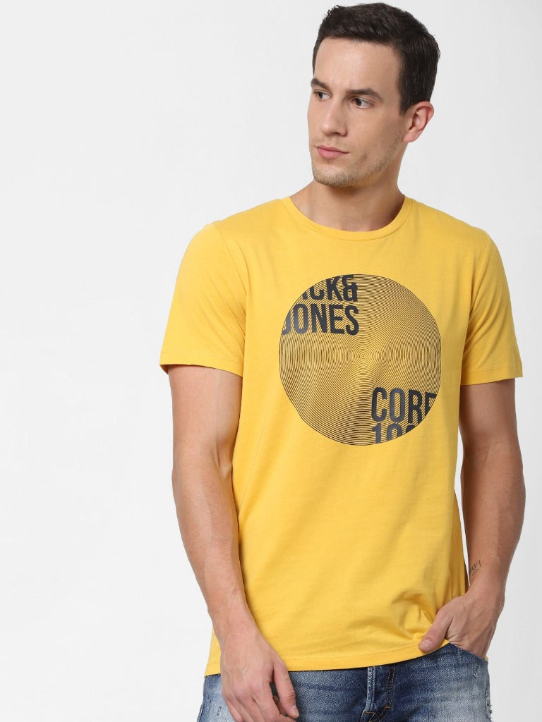 Jack Jones Men Mustard Yellow Printed Slim Fit Round Neck Sustainable Pure Cotton T-shirt-2118656018