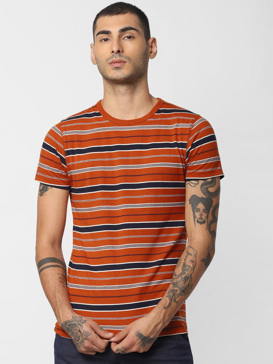 Men Brown,Navy blue & White Striped Round Neck T-shirt