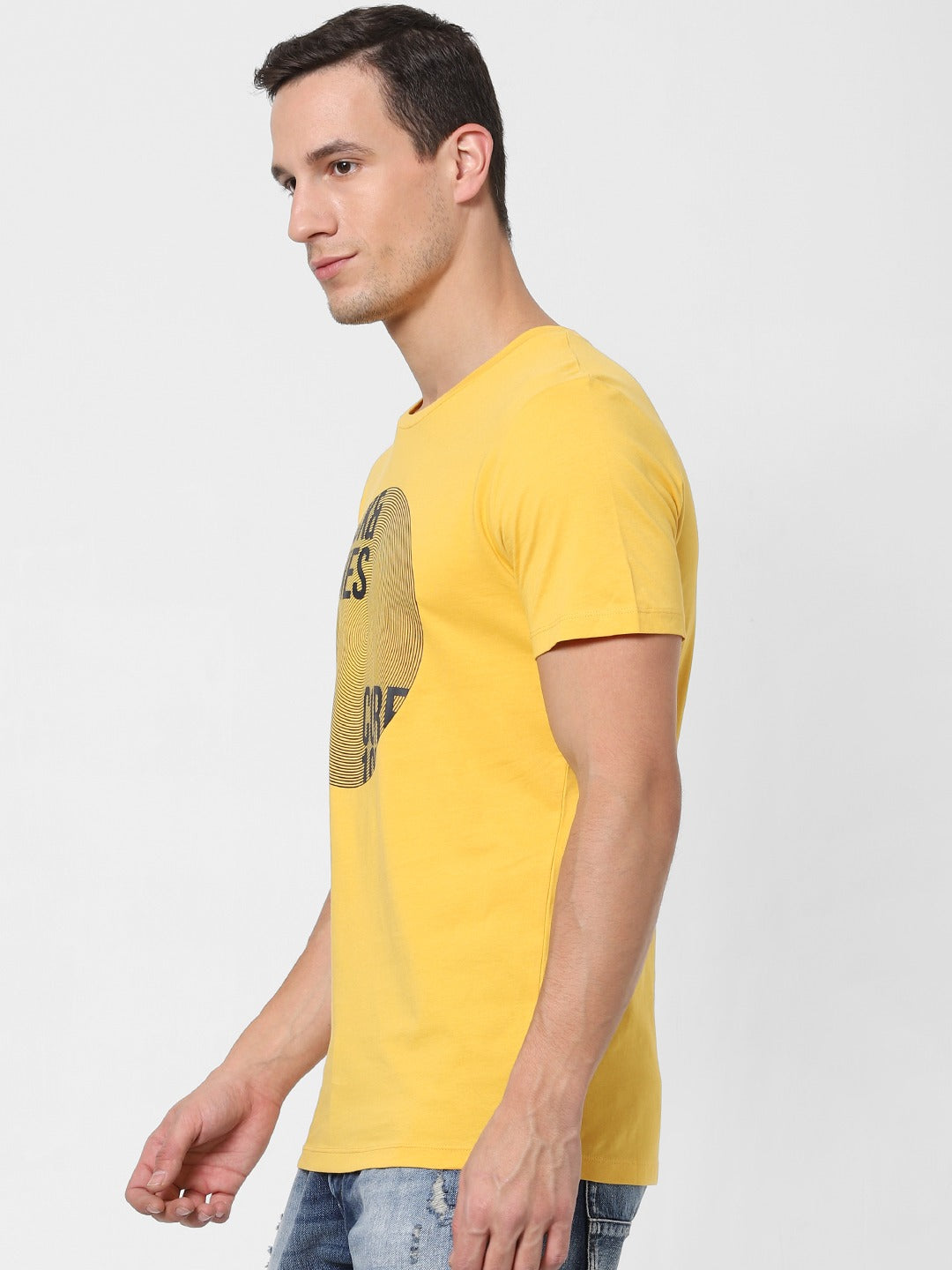 Jack Jones Men Mustard Yellow Printed Slim Fit Round Neck Sustainable Pure Cotton T-shirt-2118656018