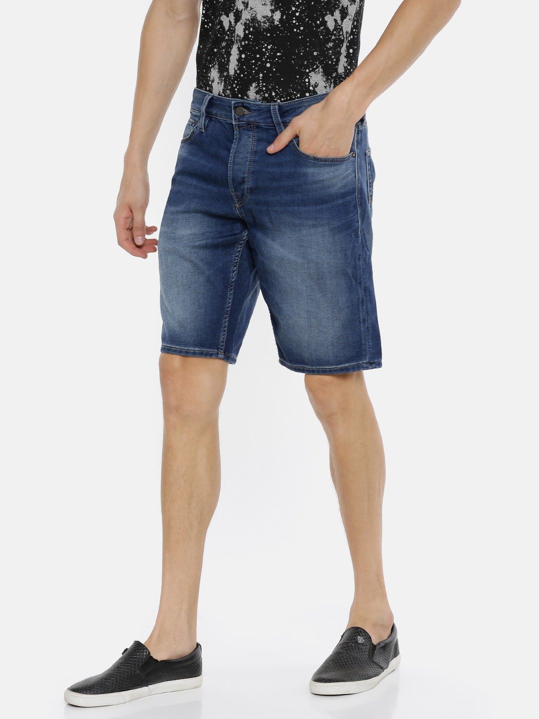 Men Blue Slim Fit Solid Regular Fit Denim Shorts-2059002002 - Discount Store