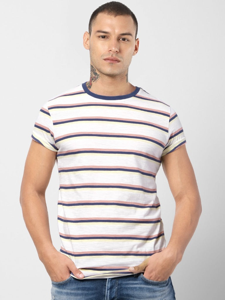 Jack Jones Men White Blue Striped Round Neck Pure Cotton T-shirt-2115740008