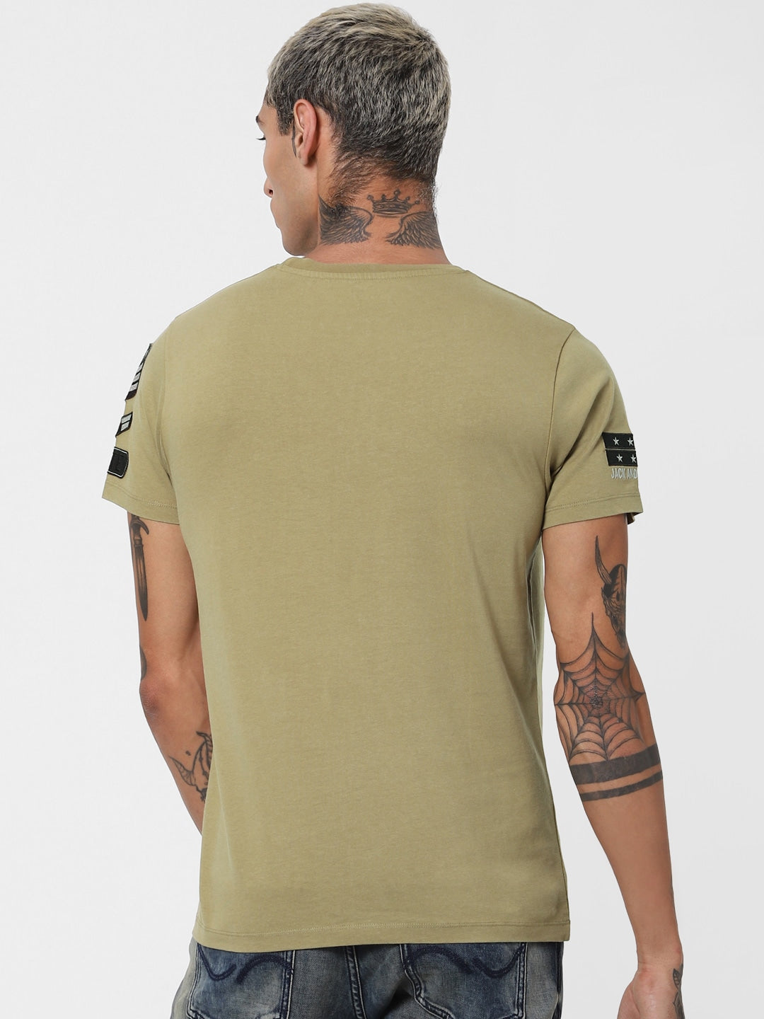 Men Beige Printed Round Neck Sustainable T-shirt with Zip Detail-2118891