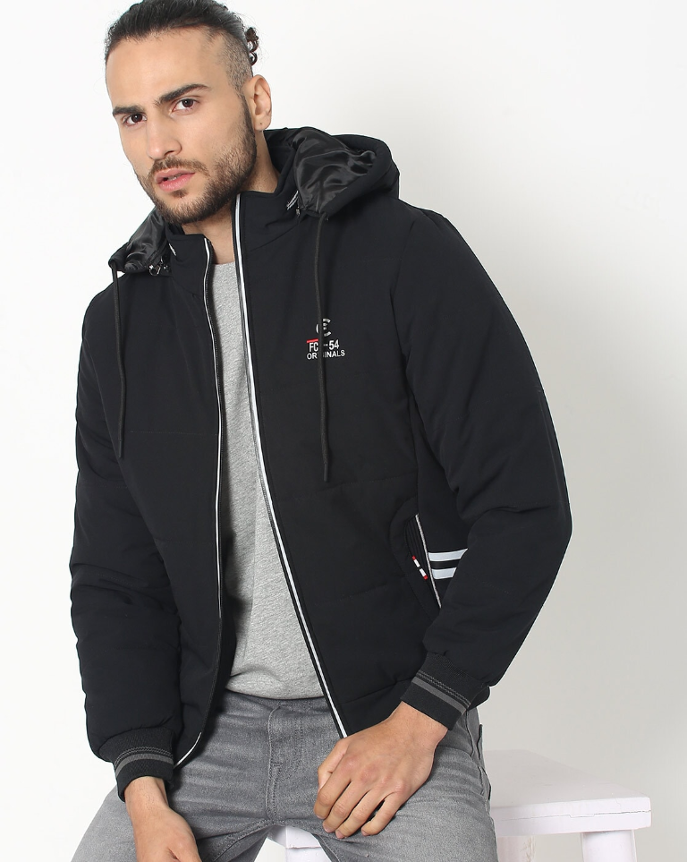 Zip-Front Hooded Bomber Jacket with Insert Pocket-14902fk black