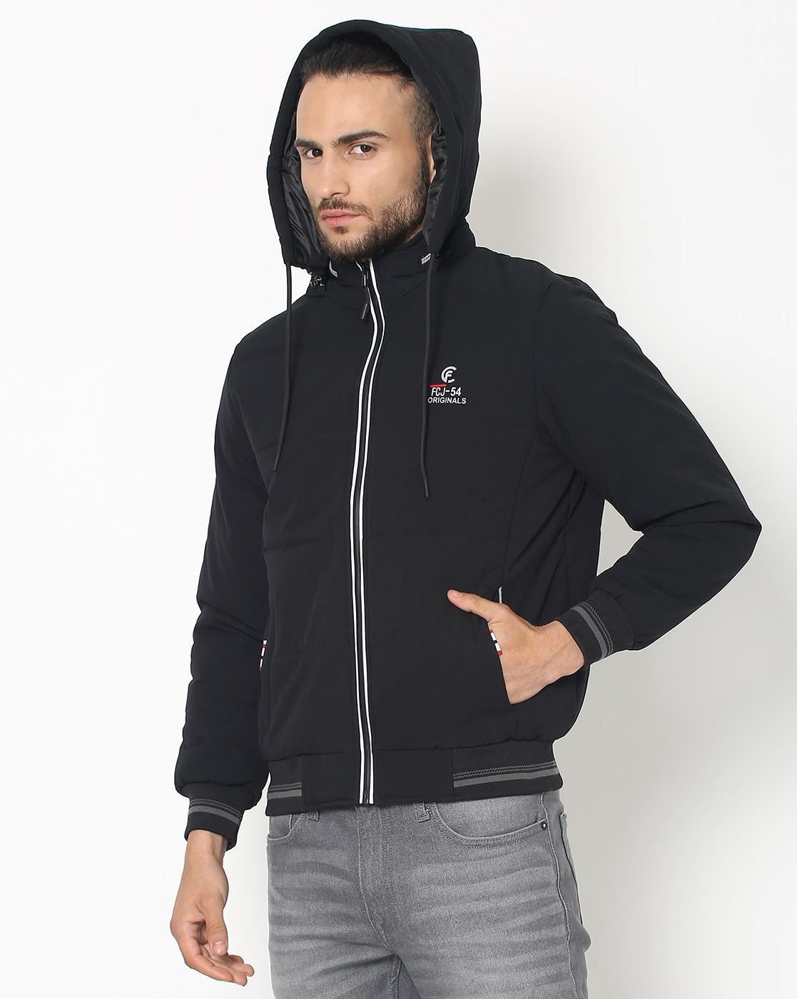 Zip-Front Hooded Bomber Jacket with Insert Pocket-14902fk black