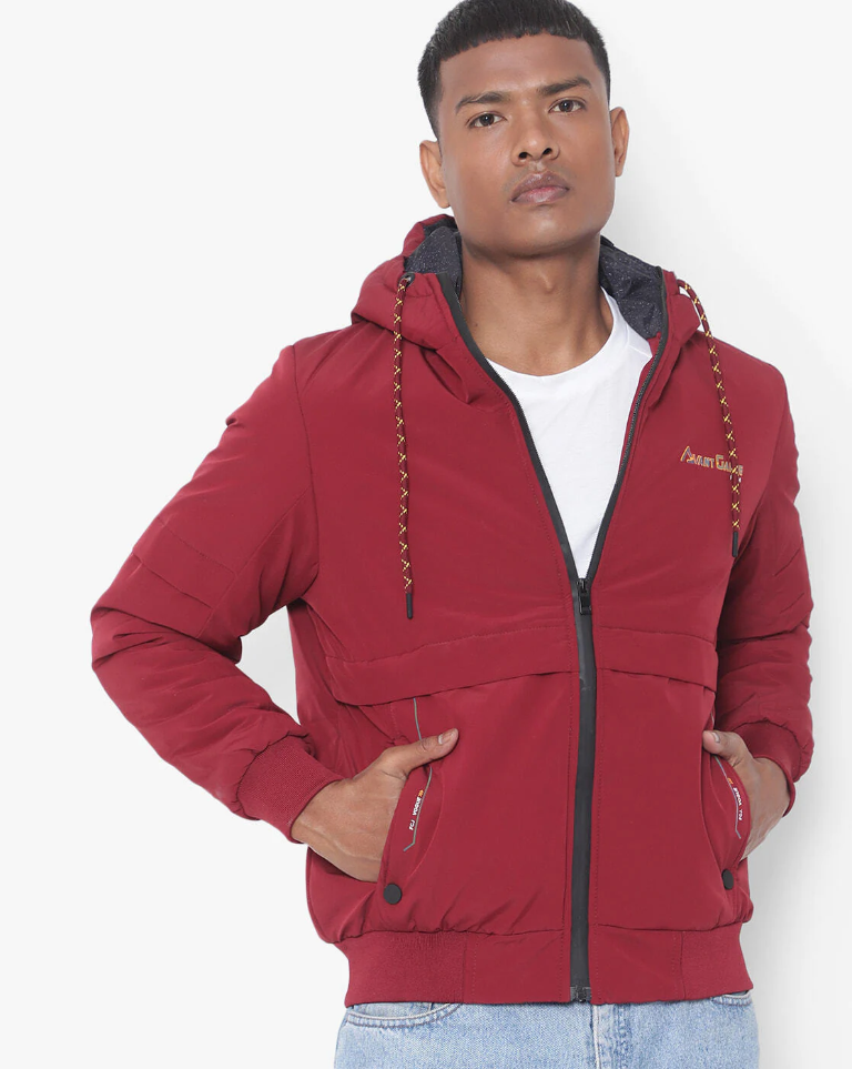 Panelled Zip-Front Hooded Jacket-430417w-maroon