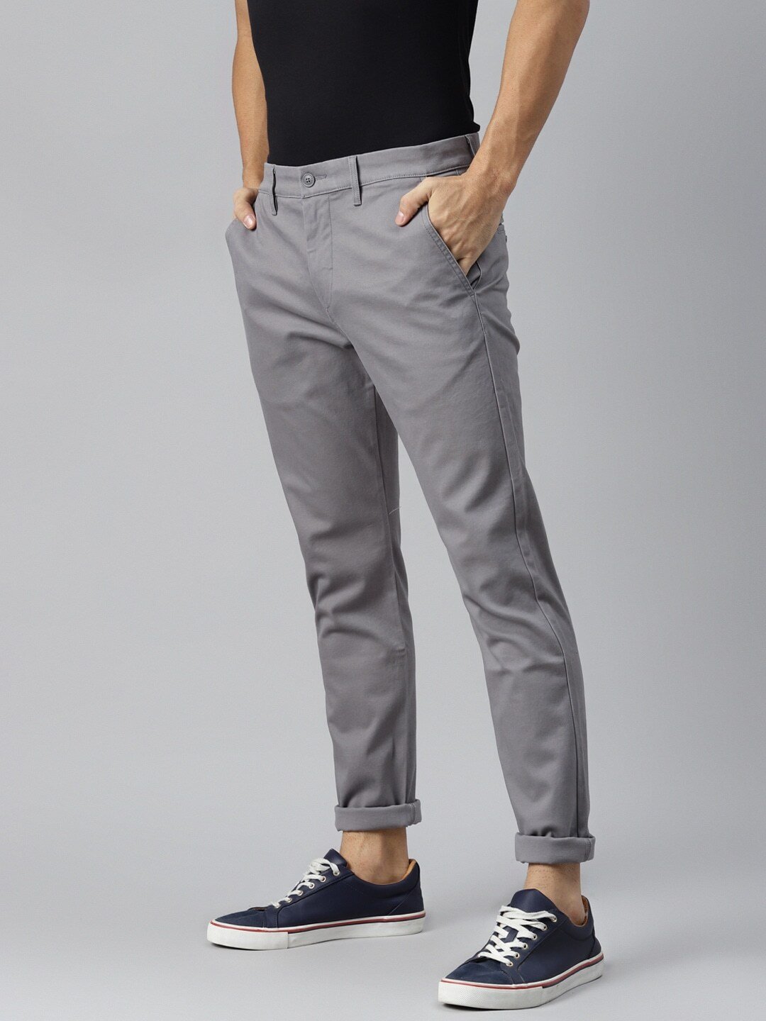 Men Grey Tapered Fit Chinos Trousers-22579-0005