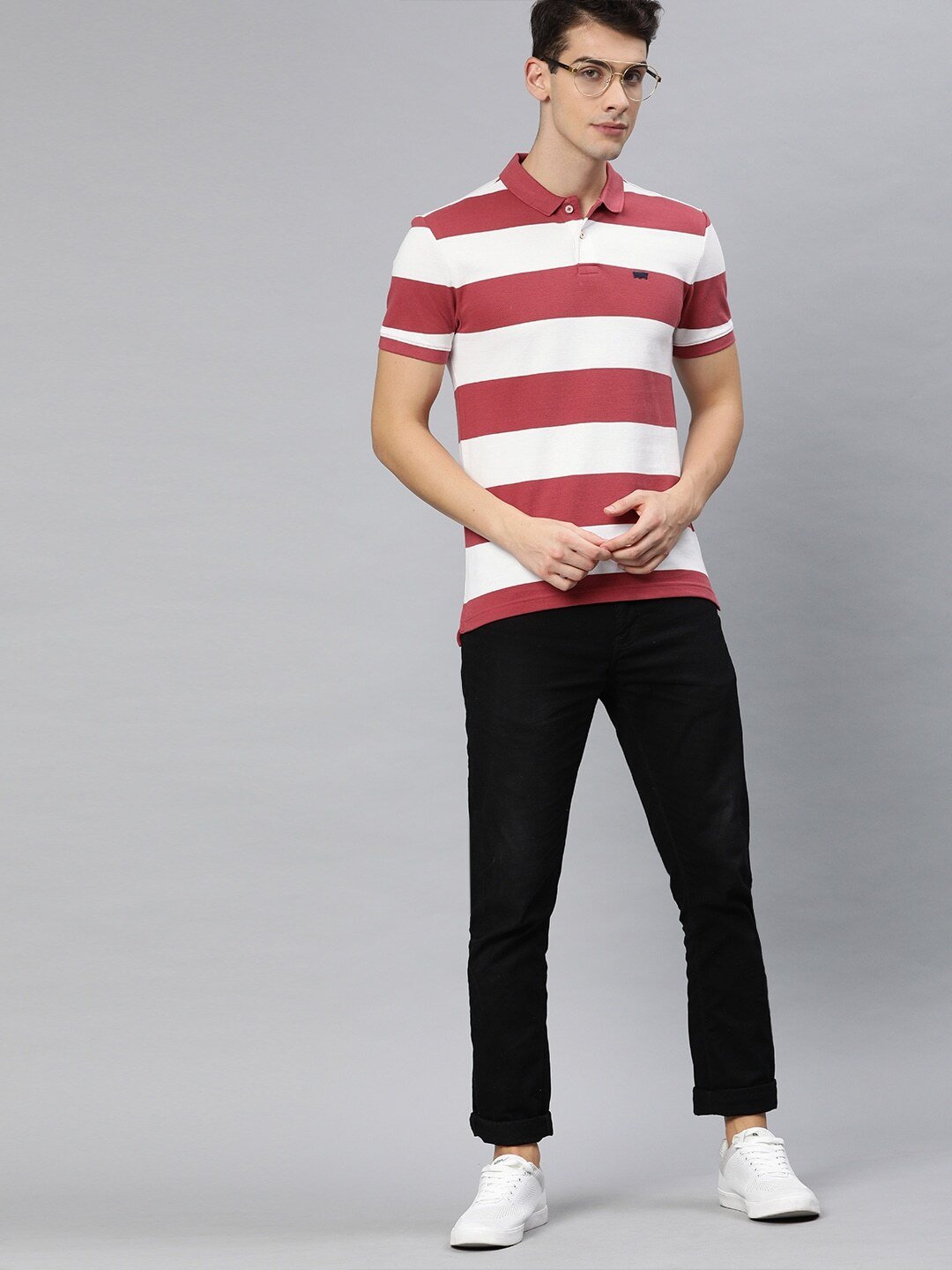 Men Red Striped Polo Collar T-shirt-58859-0040